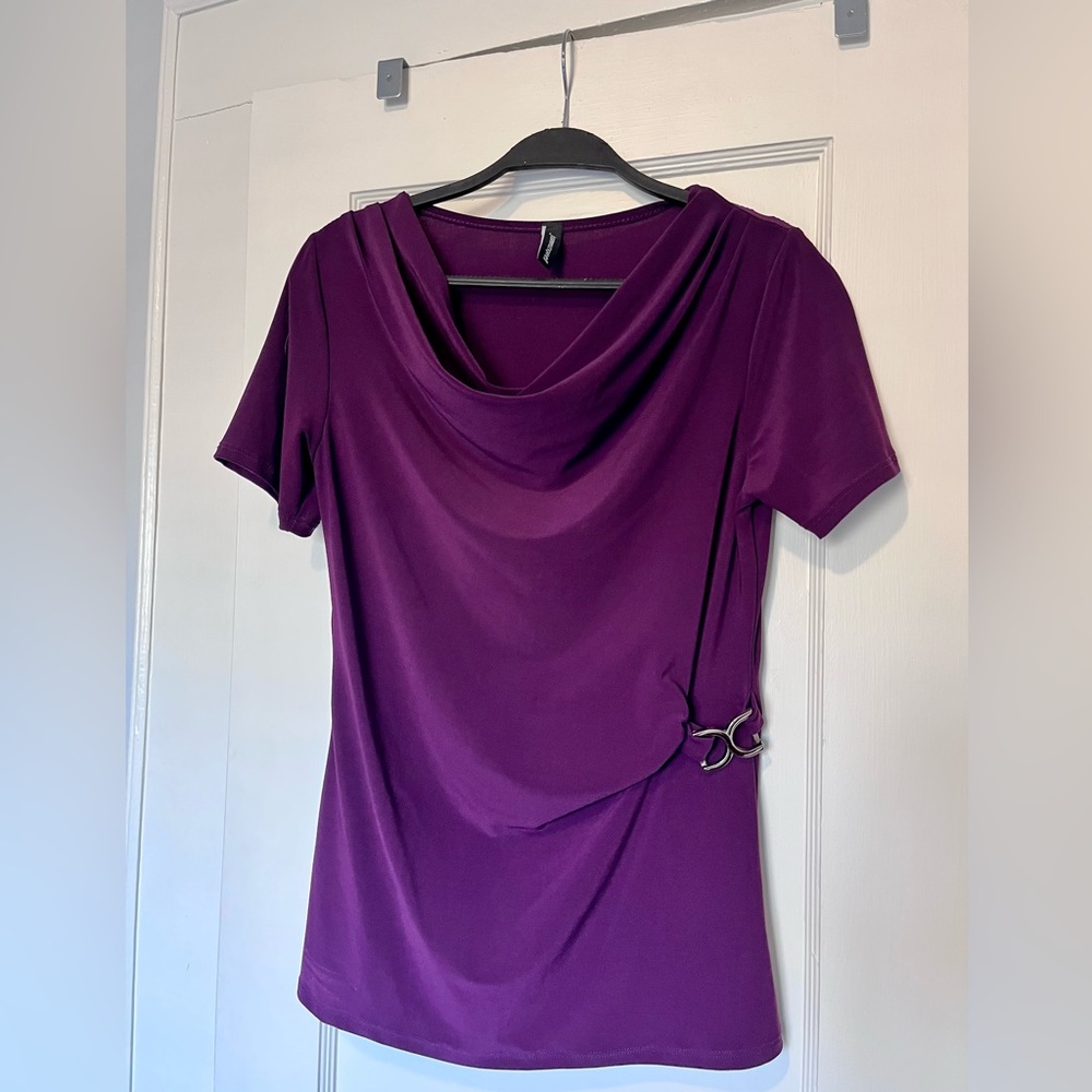 Purple blouse size M, cowl neck stretchy material. EUC.